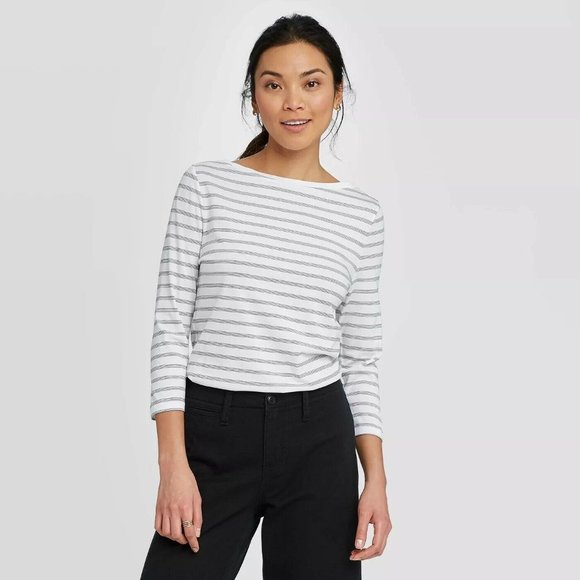 a new day Tops - A New Day Women's White Striped Slim Fit Long Slee